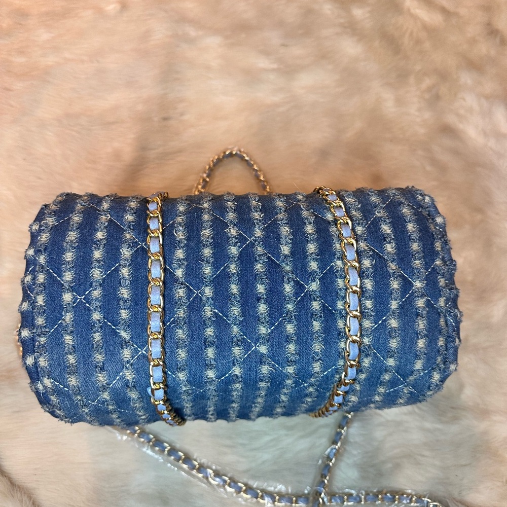 Quilted Denim Chain-Handle Women's Shoulder Bag - Blue - Picture 5 of 9